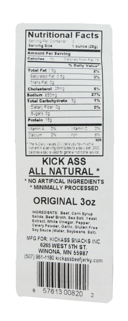 Kickass All Natural Original Beef Jerky 3Oz (4 Bags)