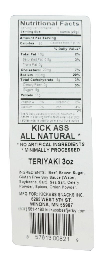 Kickass All Natural Teriyaki Beef Jerky 3Oz (4 Bags)