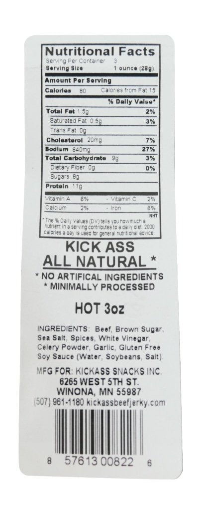 Kickass All Natural Hot Beef Jerky 3Oz (4 Bags)