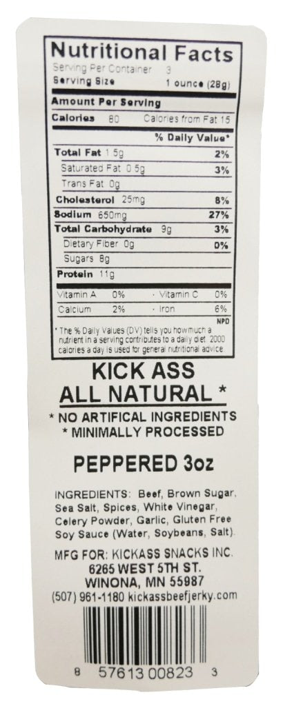 Kickass All Natural Peppered Beef Jerky 3Oz (4 Bags)